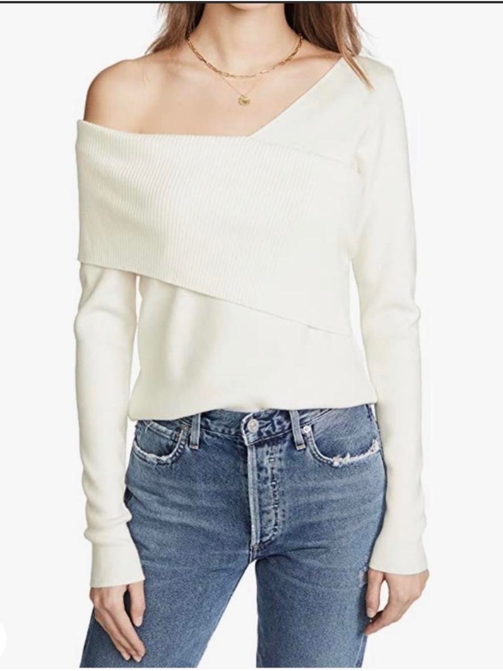 Off-Shoulder Ribbed Panel Sweater - Cream